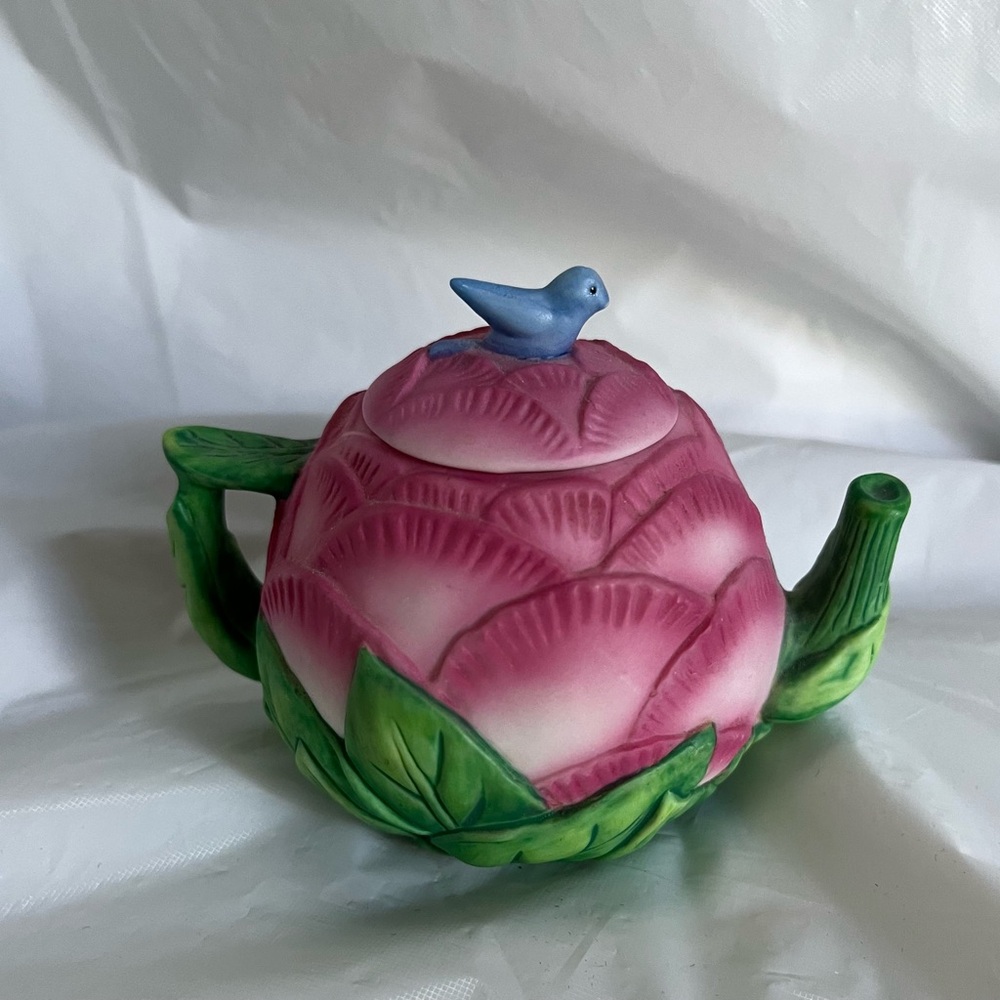 Avon Pink Peony Flower/ Blue Bird Lid Miniature Ceramic Teapot 1995
